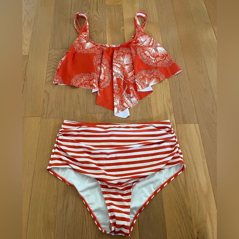 Stripes and Floral Mixed Print Orange Bikini Womens Size XL New Without Tags